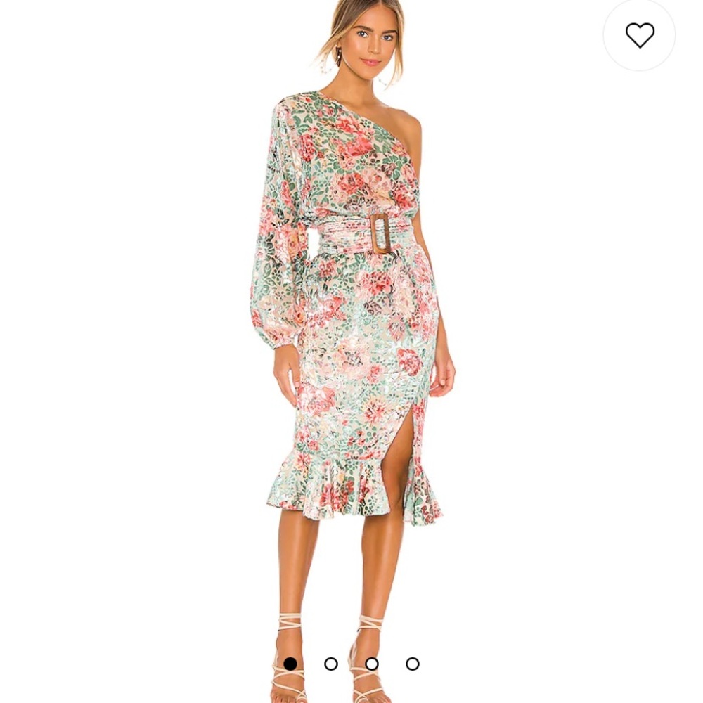 HEMANT & NANDITA One-Shoulder Floral Midi Dress in Pink and Green
